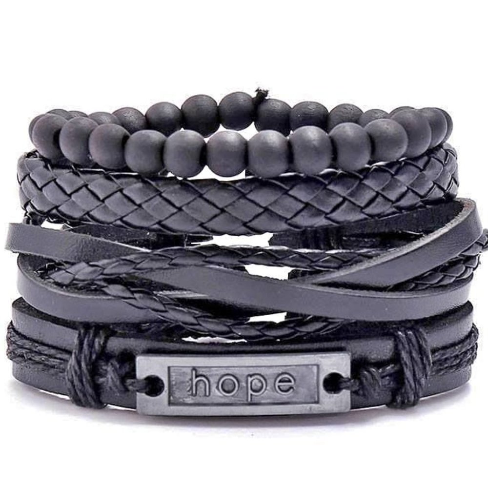 4pcs Men's Multilayer Leather Bracelet Braided  (Hope)- ADJUSTABLE SIZES